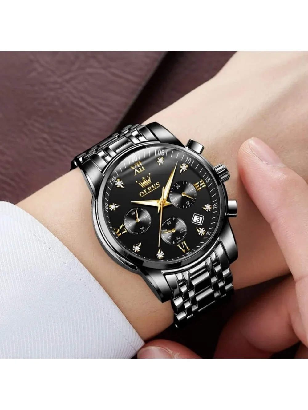 Men's Black Face/Black Strap Stainless Steel Chronograph Waterproof Wrist Watch